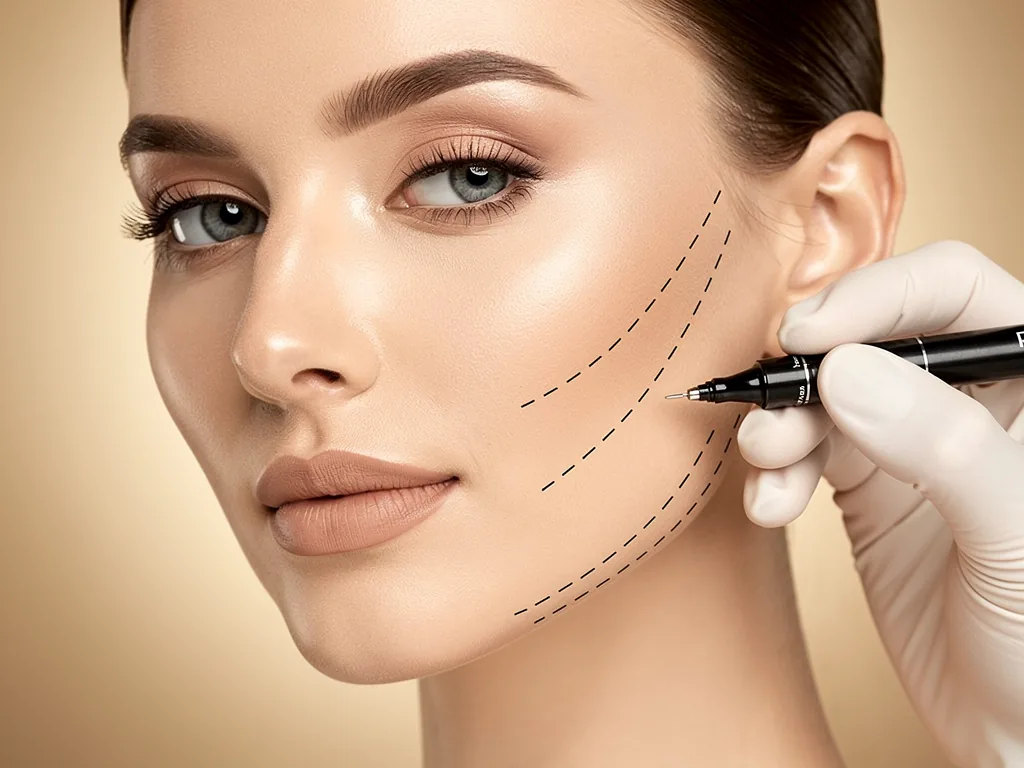 Imagem ilustrativa: marcação de planejamento facial feita por profissional com luva cirúrgica